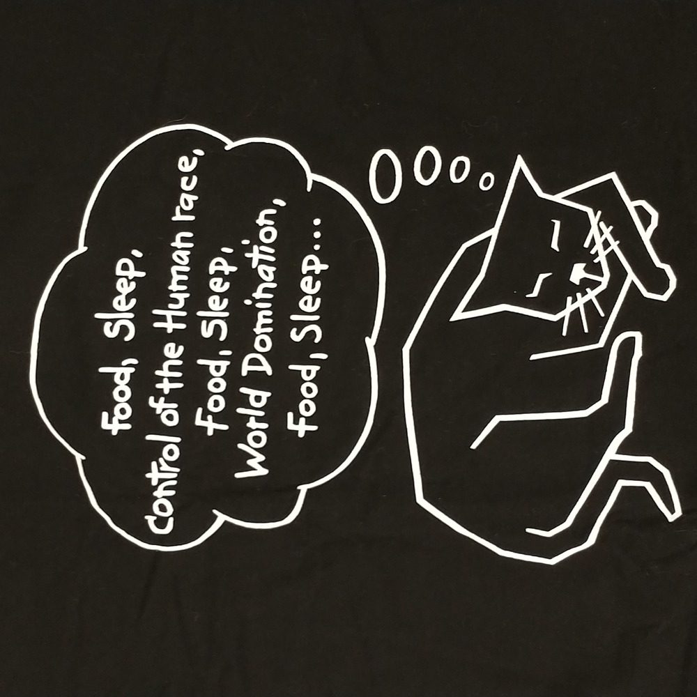 Cat Humor World Domination Black USA Made Tee 100 Cotton T Shirt White Graphic